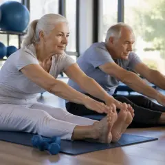 Un couple de seniors fait des exercices de planification, étirant leurs jambes sur des tapis de yoga.