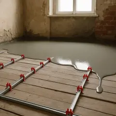 Flüssiger Estrich wird auf einem Holzboden verteilt, um den **Boden auszugleichen**. Metallschienen mit roten Clips führen den Estrich.