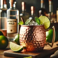Orzeźwiający Moscow Mule w miedzianym kubku, ozdobiony limonką i miętą, na tle butelek z alkoholem.
