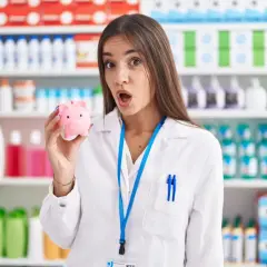 Farmaceutka z zaskoczoną miną trzyma skarbonkę. Czy to symbol tego, ile zarabia farmaceuta?