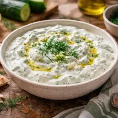 Un bol de tzatziki crémeux, garni d'aneth frais et d'huile d'olive. Parfait pour accompagner du pain pita, des concombres et du citron. Une recette facile à réaliser.