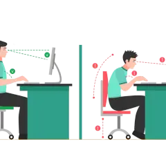 Prawidłowa ergonomia biurko: siedzenie prosto, wzrok na monitorze. Złe nawyki: garbienie się, oczy za nisko.