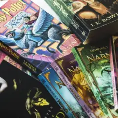 Książki Harry Potter po kolei, obok nich Opowieści z Narnii.