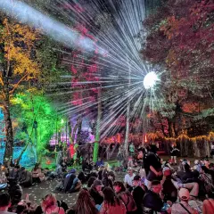 Bunte Lichter und ein Discoball erhellen den Wald, während eine Menge auf dem Boden sitzt. Das ist die Magie des Fusion Festival Lineups!