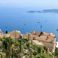 Ein malerischer Blick auf die **Côte d'Azur** mit einem Kakteengarten, alten Häusern und dem azurblauen Meer voller Yachten.