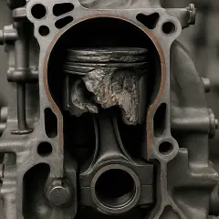 Pistón destrozado en un bloque de motor diésel, un ejemplo visual de cómo gripar un motor diésel.