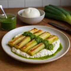 Puerros confitados, dorados y tiernos, servidos sobre una cama cremosa y rociados con salsa verde vibrante.