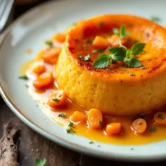 Un délicieux flan de carottes, nappé d'une sauce orangée et garni de rondelles de carottes et de persil frais.