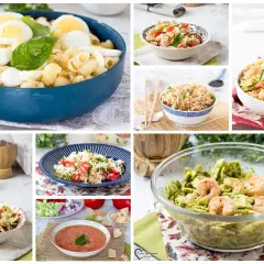 Collage di primi piatti freddi: pasta con uova e tonno, insalata di riso, pasta al pesto con gamberi e salmone, gazpacho.