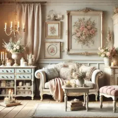 Salotto in stile shabby chic con divano imbottito, cassettiera azzurra, quadri floreali e candele accese.