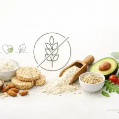 Kompozycja produktów idealnych na dieta bezglutenowa: ryż, kasza, migdały, mąka, awokado, pomidorki i zioła.