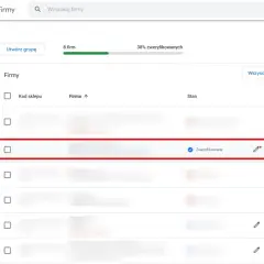 Widok panelu Google Menedżer Profilu Firmy. Zaznaczono wiersz firmy, aby pokazać, jak usunąć wizytówkę Google.