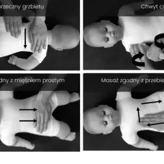 Cztery czarno-białe zdjęcia pokazujące różne techniki masażu niemowlęcia.
