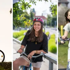 Trzy kobiety cieszą się jazdą na rowerze po Wrocławiu. Jedna z nich, w kasku, uśmiecha się do aparatu.
