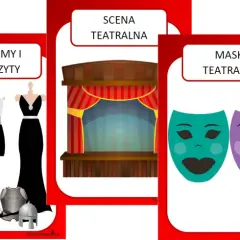 Karty pracy dla przedszkola: widownia, kostiumy, scena, maski i scenariusz.