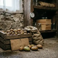Holz kiste mit Kartoffeln, daneben ein Sack und einige Kartoffeln auf dem Boden. Die Kartoffeln lagern in einem rustikalen Keller.