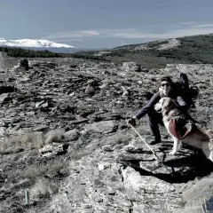 Senderismo en la sierra de los Filabres con mi fiel compañero. El paisaje rocoso y las cumbres nevadas crean un escenario impresionante.