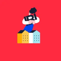 Ilustración de persona abrazando la letra "I" sobre casas. ¿Cuánto se paga de IBI por una casa de 200m2?