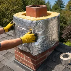 Installation d'isolant autour du conduit de cheminée en brique. Les mains gantées ajustent le matériau réfléchissant.
