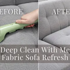 Before and after of a grey fabric couch being deep cleaned with a handheld upholstery cleaner.