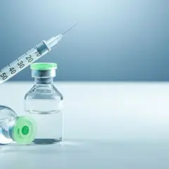 Strzykawka i dwie fiolki z zielonymi nakrętkami, jedna leżąca, druga stojąca. Mogą zawierać biofazolin.