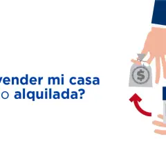 Ilustración sobre derechos del inquilino en caso de venta. Una mano entrega una bolsa de dinero y otra recibe una casa.