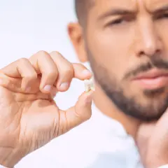 Mężczyzna trzyma wyrwaną ósemkę, czując ból po zabiegu.