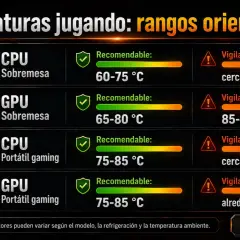 Rangos de temperatura para CPU y GPU en PC de sobremesa y portátiles gaming, indicando los tipos de calor recomendables y a vigilar.