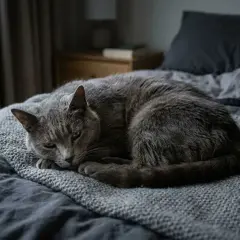 Un chat gris, d'ordinaire si vif, semble soudainement apathique, lové sur un lit sombre.