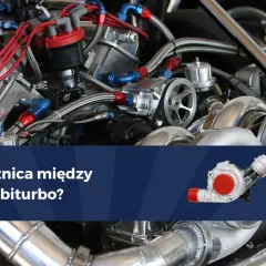 Silnik z dwoma turbosprężarkami, czyli twin turbo, a biturbo. Zbliżenie na skomplikowaną konstrukcję z licznymi przewodami i elementami.