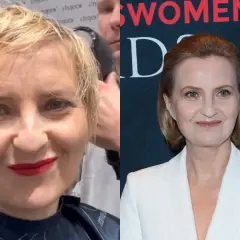 Izabela Kuna młoda, w trakcie stylizacji fryzury i elegancka w białej marynarce.