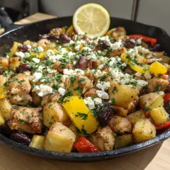 En smakrik grekisk pyttipanna med kyckling, potatis, paprika, oliver och fetaost, toppad med citron och persilja.