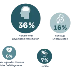 Diagramm zeigt Ursachen für Arbeitsunfähigkeit: Nervenleiden (36%), Skelettprobleme (18%), Krebs (17%). Wichtig für die bu rentenversicherung.