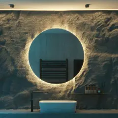 Modern baño con lavabo, grifo y espejo circular iluminado. Las lámparas espejo baño crean un ambiente acogedor.