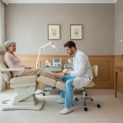 Un podologo esamina il piede di una paziente in un ambiente moderno. Scopri i podologo prezzi per la cura dei tuoi piedi.