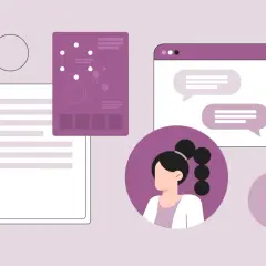 Illustrazione di una donna con laurea in medicina che esplora lavori alternativi, con grafici scientifici e chat.