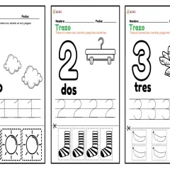 Fichas matemáticas infantiles para aprender los números 1, 2 y 3. Incluyen trazos, recortes y pegado de soles, calcetines y plátanos.