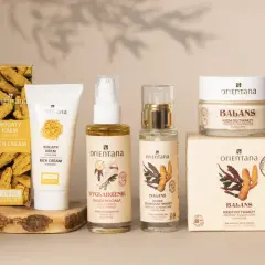 Zestaw kosmetyków Orientana z kurkumą: bogaty krem, olejek do ciała i twarzy. To naturalne produkty do pielęgnacji.