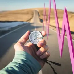 Kompass auf einer Straße, der die Richtung für die weltweite Marktkapitalisierung weist, mit einer pinken Linie, die einen Aufwärtstrend symbolisiert.