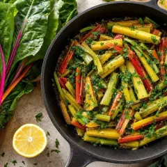Poêlée colorée de blettes, une recette simple et savoureuse. Les côtes multicolores sont coupées et cuites avec des herbes et un filet de citron.