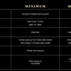 Tableau comparatif des configurations minimale et recommandée pour GTA 5. Processeurs, cartes graphiques, RAM et stockage détaillés.