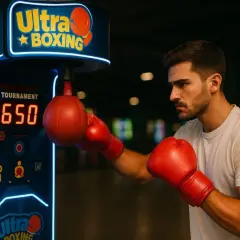 A man in red boxing gloves punches the bag on an "Ultra Boxing" arcade game. In boxing, you can punch the arm, but this game measures your punch power.