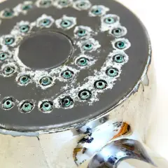 Soffione doccia incrostato di calcare, pronto per essere pulito. Scopri come pulire il soffione della doccia per un getto perfetto.