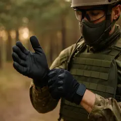 Soldado se pone guantes negros sobre su chaleco táctico negro.