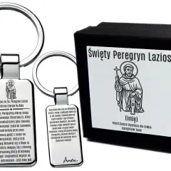 Brelok i pudełko z wizerunkiem św. Peregryna. Modlitwa o cud uzdrowienia dla cierpiących.