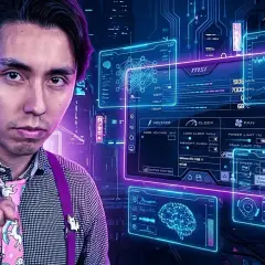 Hombre señala mientras se muestra la interfaz de MSI Afterburner con datos de GPU y un cerebro digital.