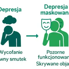 Ilustracja pokazuje przejście od jawnego smutku do depresji maskowanej, gdzie osoba ukrywa swoje cierpienie za uśmiechniętą maską.