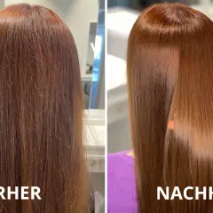 Vorher: extrem kaputte Haare, strohig und glanzlos. Nachher: seidig, glänzend und gesund aussehend.