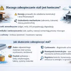 Ilustracja pokazuje metody ochrony stali przed korozją, w tym cynkowanie i powłoki ochronne. Zapobiega to uszkodzeniom i przedłuża żywotność konstrukcji.