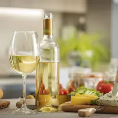 Verre et bouteille de vin blanc, pain, fromages et tomates. Parfait pour une recette avec vin blanc.
